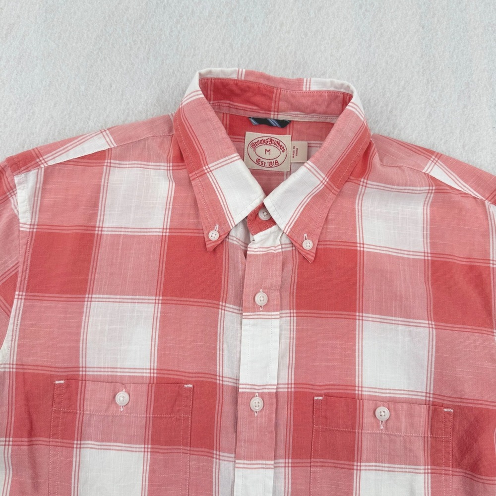 Brooks Brothers Mens M Short Sleeve Button Down Coral Red Gingham Plaid Cotton